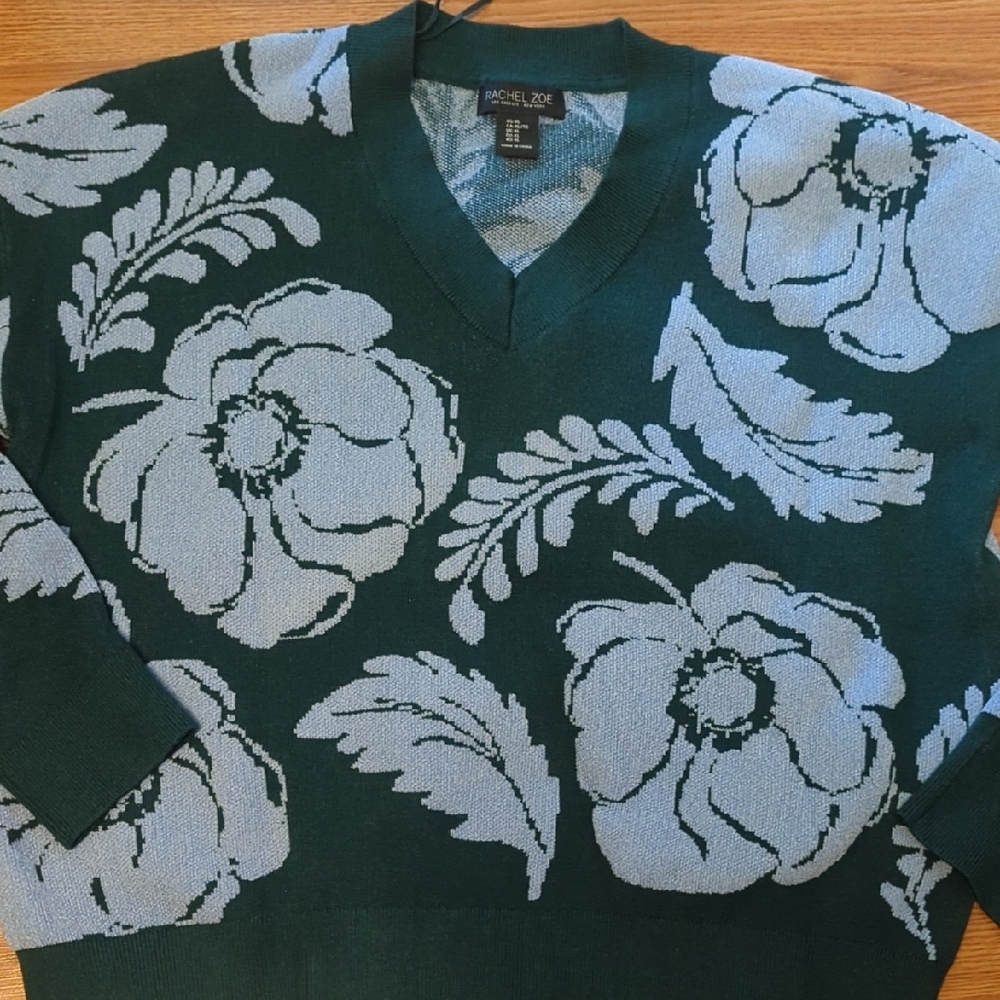 Rachel Zoe Dark Green and Light Gray Floral V-Neck Sweater